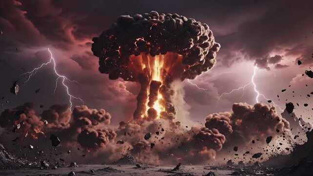 Apocalyptic Explosion with Lightning - A vivid explosion dominates the landscape with a bright flash and mushroom cloud, set against a dark and stormy sky with bolts of lightning.