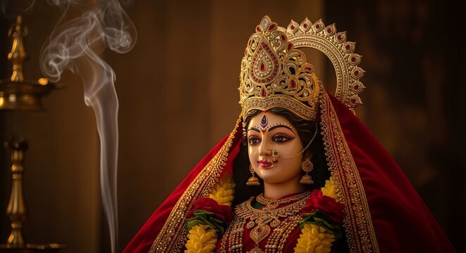 Ashadha Navratri, Close-up of a Goddess Varahi idol featuring intricate gold ornaments and a majestic crown