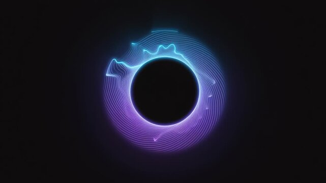 Glowing tech technology wave ai audio voice spectrum artificial network glowing circular waveform emits neon blue and purple light around dark center creating futuristic audio visualization with