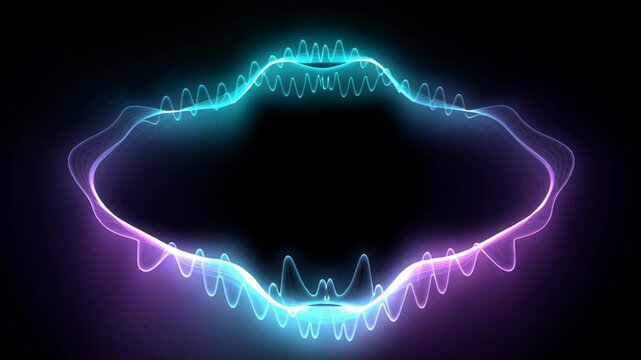 Glowing tech technology wave ai audio voice spectrum artificial network glowing waveform neon circular aura forming abstract ring of neon waveforms creating futuristic audio interface and intelligent