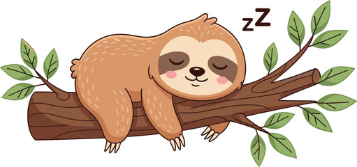Fototapeta premium Cute Sleeping Sloth Cartoon on Tree Branch with Leaves Illustration Lazy Animal Character Design for Kids Nursery Decor Relaxation and Nature Graphics
