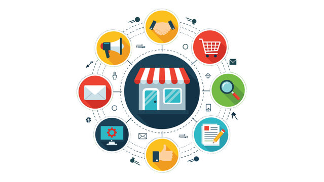 Omni-channel retail marketing concept shows a store icon surrounded by various digital service symbols in a circular flow.