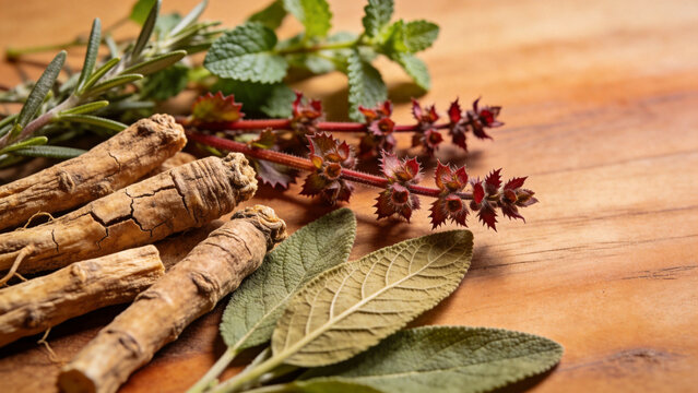 Dried adaptogenic herbs arrangement showcasing ashwagandha roots, holy basil leaves on wooden surface