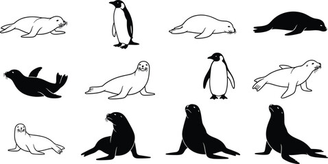 Seal and Penguin Silhouette Icon Set with Marine Animals Collection Black and White Wildlife Shapes for Ocean Nature Design and Educational Graphics © rumi