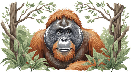 Orangutan Portrait Illustration with Jungle Leaves and Trees Detailed Wildlife Primate Animal Design for Nature Conservation Tropical Forest and Educational Graphics © rumi