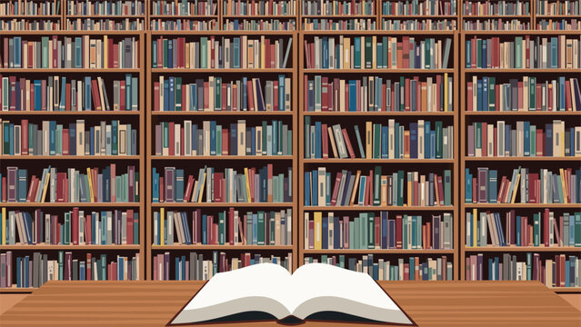 Library interior with large wooden bookshelves filled with colorful books and single open book on table in foreground.