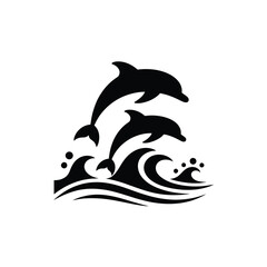 Obraz premium Three dolphins leaping above stylized waves in a black and white design