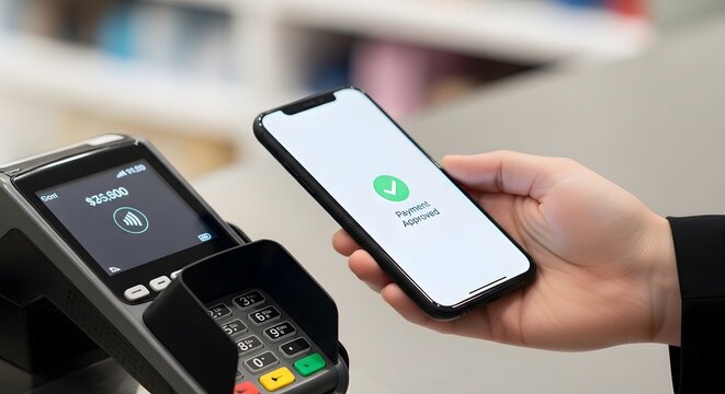 Contactless payment transaction with smartphone and credit card reader at checkout counter
