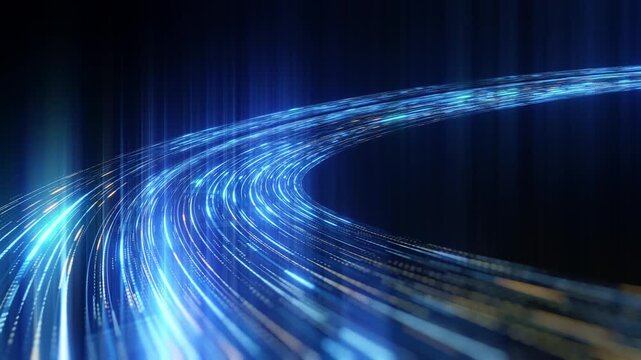 3D render futuristic digital light trails data highway flowing dark background. High speed fiber optics internet connectivity. Cyberspace network telecommunications motion blur glow.