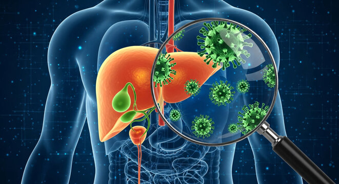 Human internal organs featuring liver and gallbladder with magnifying glass revealing virus particles