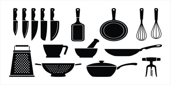 Collection of black kitchen utensils and cookware on a white background vector untitled