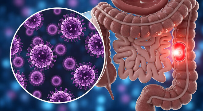 Human intestinal system with a red inflamed area, alongside a magnified view of invading viral cells