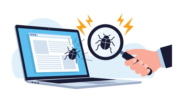 Computer software debugging concept showing magnifying glass inspecting website on laptop to find and fix security vulnerabilities.