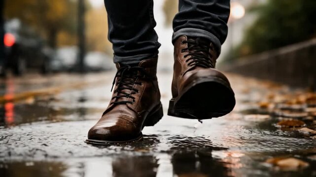 Person walking in wet city street wearing leather boots reflecting autumn rain mood and urban lifestyle