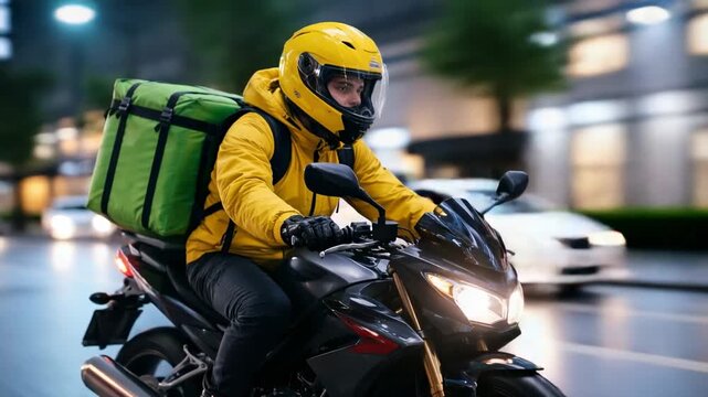 Courier rides fast on motorcycle delivering food in city at night showing speed service and urban life