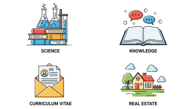 Set of four concept illustrations for science education curriculum vitae and real estate market themes with labels in flat design.