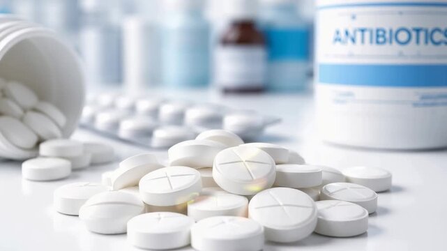White antibiotic pills and bottle on clean surface representing healthcare medicine treatment concept