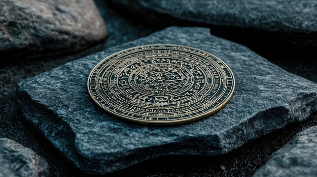 Finely etched sculptural brass astrolabe with celestial patterns resting on stone