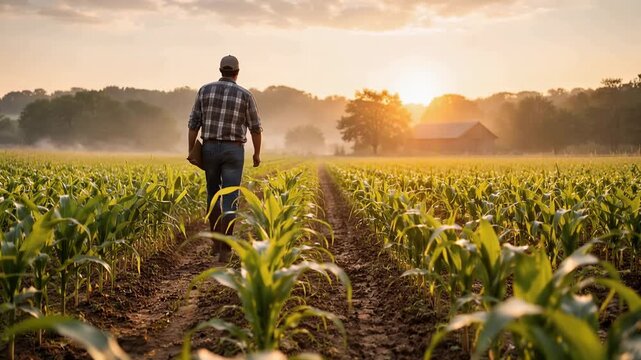 Farmer walks through green corn field at sunrise showcasing agriculture growth and rural life daily