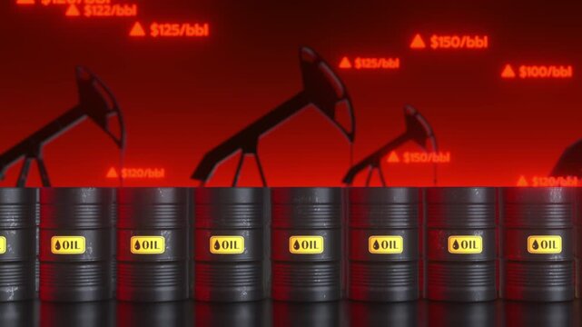 3D render oil barrels pump jacks rising fuel prices red background. Concept global energy crisis oil shock war impact economy inflation market volatility. High quality industrial motion.
