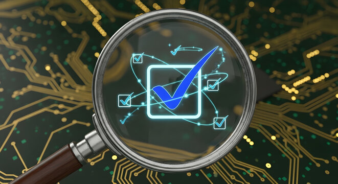 Magnifying glass revealing a glowing blue checkmark within a square, surrounded by digital circuit board patterns