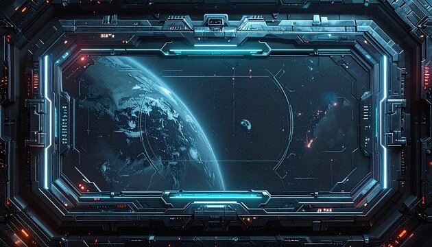 A futuristic space station viewscreen displaying Earth