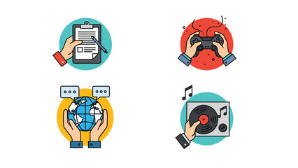 Fototapeta premium Set of four circular illustrations depicting hands holding a clipboard, a game controller, a globe, and a vinyl record for lifestyle activities.