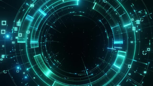 Abstract futuristic cyan digital tunnel glowing concentric rings neon light effects. High-tech sci-fi background motion graphics. Ideal for technology innovation data visualization projects.