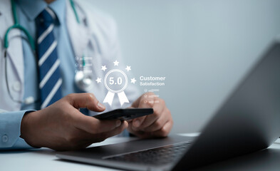 Naklejka premium Doctor using smartphone with customer satisfaction rating five star feedback healthcare service quality evaluation digital experience review trust and performance improvement technology