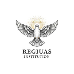 Obraz premium Dove with Halo and Light Rays Above Regiuas Institution Logo