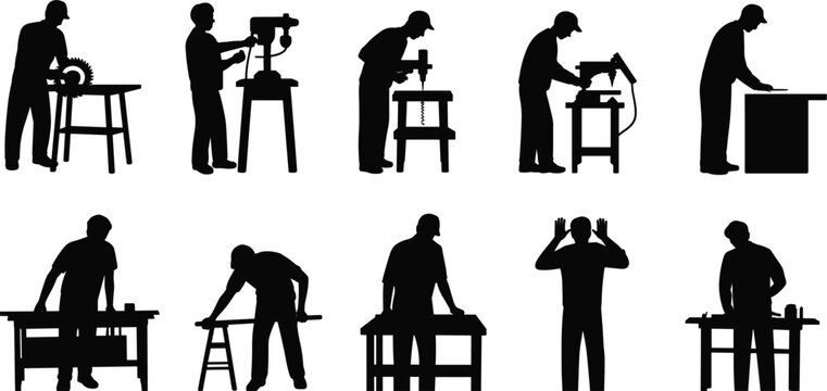 Silhouettes of Carpenters Working with Tools on White Background Keywords: carpenter, silhouette, worker, man, tools, workbench