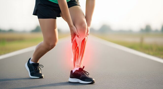 Leg muscle pain and calf cramp injury. Physical exhaustion and sports recovery needs. Man massaging his painful leg while sitting on a fitness mat after exercise