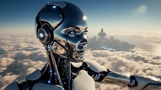 Futuristic Female Robot in the Sky - A sleek, chrome female robot stands amidst fluffy clouds against a clear blue sky, with a bright sun shining overhead.