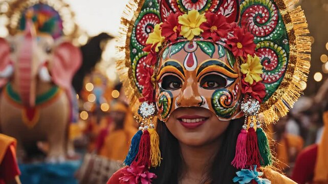 A joyful bengali woman celebrates pohela boishakh, wearing a vibrant, intricately designed traditional mask at an outdoor festival.