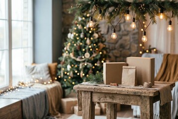 Obraz premium Blank cardboard boxes on a rustic wooden table with glowing light bulbs and a Christmas tree for product showcase mockup in a cozy festive living room interior
