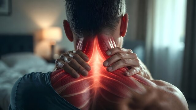 Neck pain and cervical spine stiffness. Chronic stress and poor posture symptoms. Woman touching her painful neck and shoulder area with discomfort.