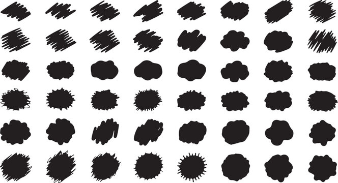 A collection of various black hand-drawn scribble shapes and circular textured brush stroke blobs
