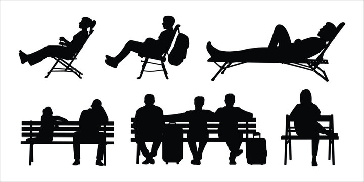 Silhouettes of people relaxing and waiting on chairs and benches on a white background vector illustration