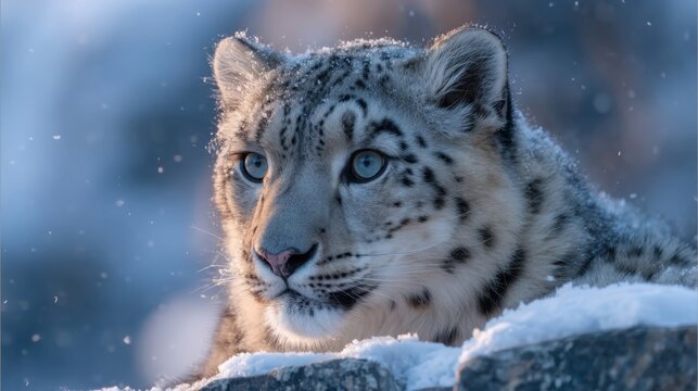 A detailed close-up portrait of a majestic snow leopard with striking blue eyes, resting in a cold, snowy mountain habitat.