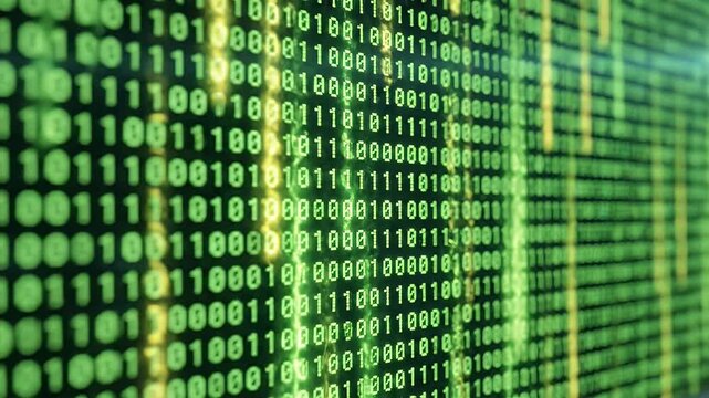 Digital Green Binary Code Screen Display - A close-up shot shows rows of green binary code numbers, 0s and 1s, displayed on a digital screen, with light and shadow effects enhancing the texture.