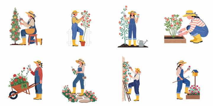 Set of illustrations depicting women gardeners pruning and caring for rose bushes in various garden settings, wearing overalls and straw hats.