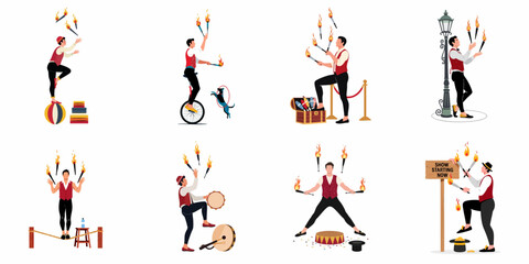 Set of vector illustrations featuring a male circus performer juggling flaming torches while unicycling, balancing on a ball, and walking a tightrope. © Renzo