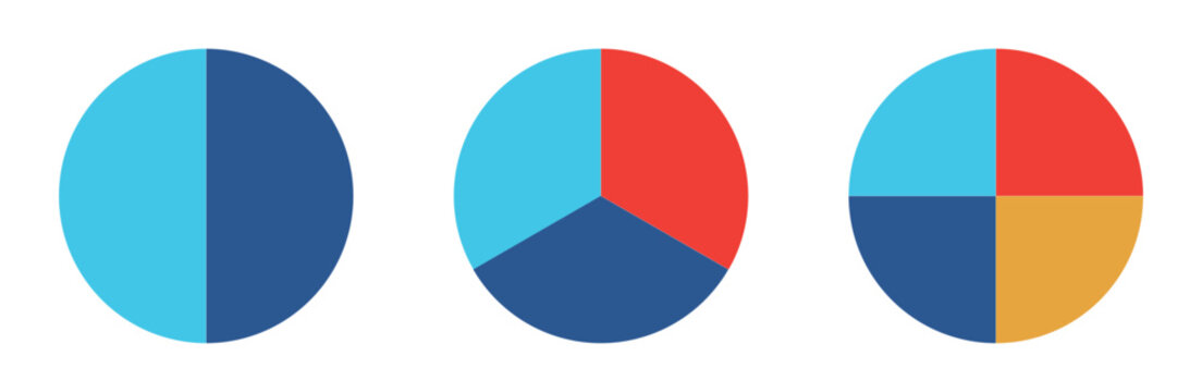 Circle divided into 2, 3, 4 equal segments. two, three, four parts. half, one third and one fourth fraction circle. Vector illustration.