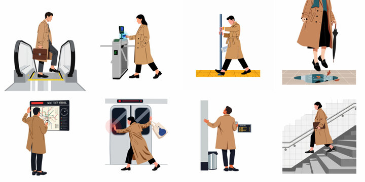 Collection of flat illustrations showing a man and a woman in beige trench coats commuting through subway stations and using public transportation.