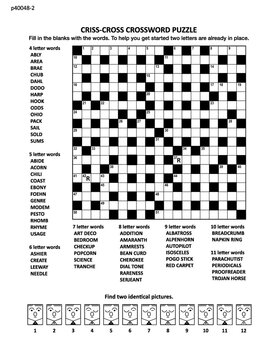 Puzzle page (p40048-2) with two puzzles: 19x19 criss-cross (fill-in) crossword word game with two hints and visual puzzle with whimsical faces. Black and white, A4 or Letter sized.
