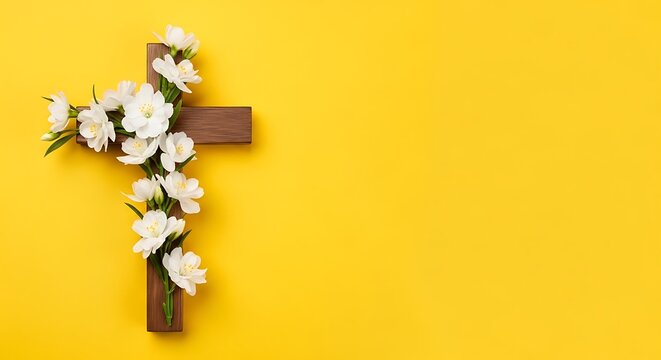 Easter cross with white flowers on yellow background