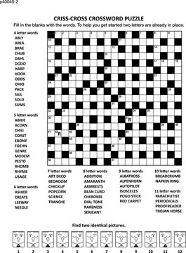 Puzzle page (p40048-2) with two puzzles: 19x19 criss-cross (fill-in) crossword word game with two hints and visual puzzle with whimsical faces. Black and white, A4 or Letter sized.
