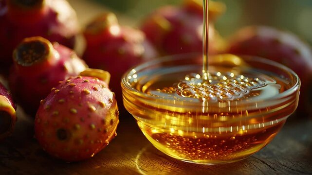 A macro close-up of rich golden prickly pear oil being slowly poured into a clear glass bowl. Fresh prickly pear fruits surround the bowl, their textured skins softly illuminated by warm sunlight. 