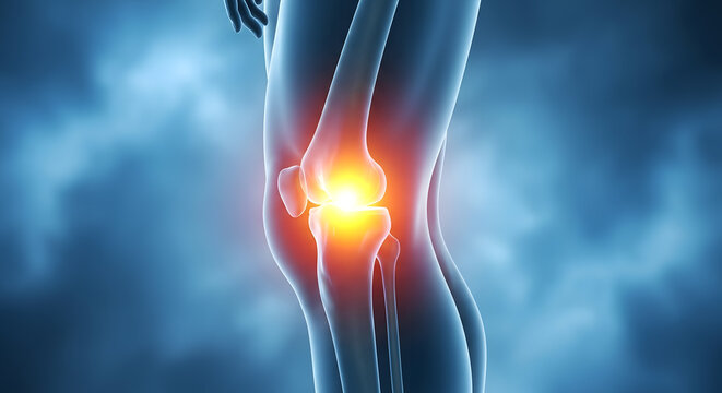 Human leg profile showing a detailed knee joint with intense glowing pain or inflammation highlighted