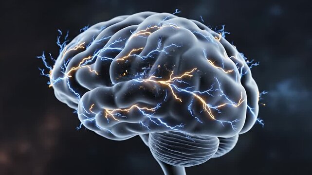 Human Brain Electrical Activity Illustration - A digital illustration depicts a translucent human brain with visible electrical activity.